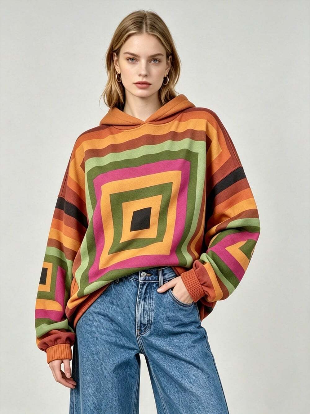 NWOT Farm Rio Hoodie Concentric Square Geometric Oversized Sweatshirt Size S